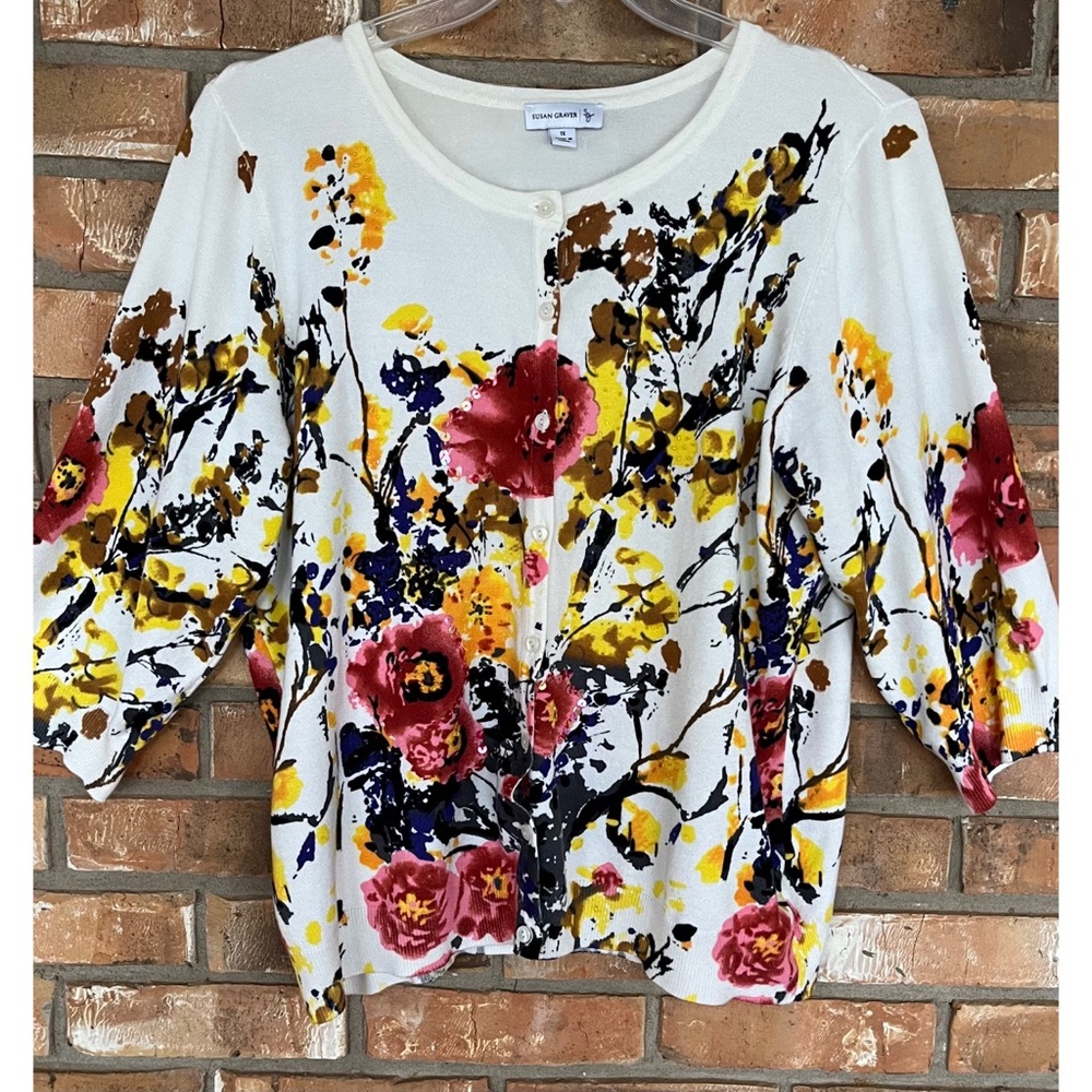 Susan Graver Women’s Floral Print Button-Up Long Sleeve Sweater Cardigan Size 1X